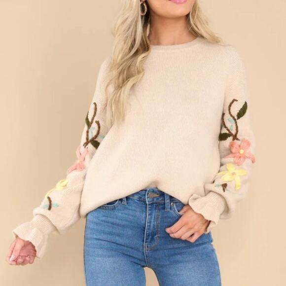 SEE AND BE SEEN Array Of Flowers Embroidered Sweater Tan Cream {3G39} - Picture 2 of 10